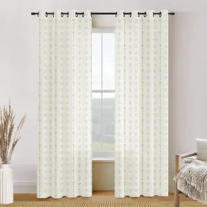Beige Curtains for Living Room Bedroom,Sheer Patterned Linen Tan Floral Print Boho Black Grommet Farmhouse Window Curtain Sheers 84 Inches Length 2 Panels Set 7 Foot 7Ft Long