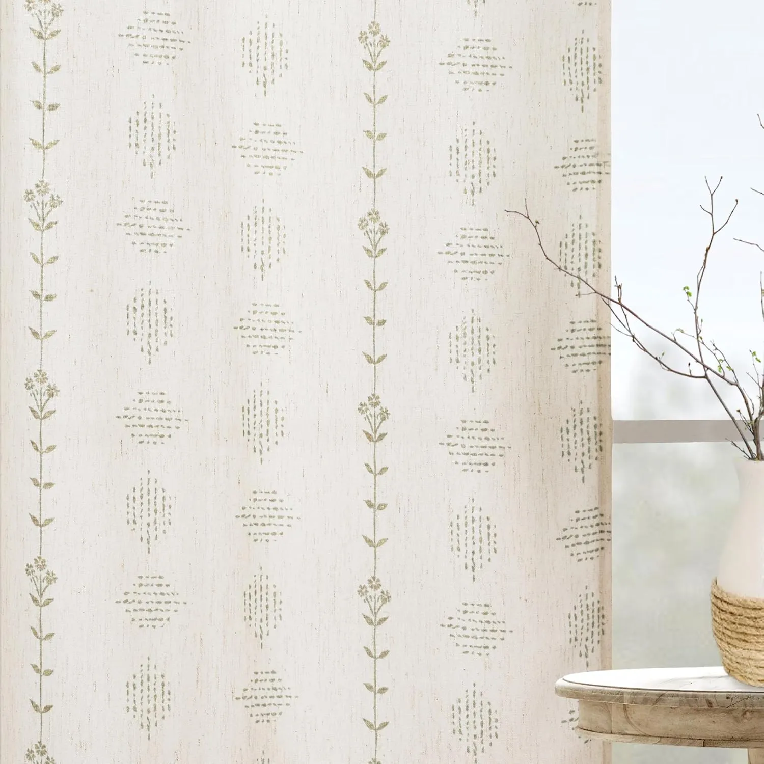 Beige Curtains for Living Room Bedroom,Sheer Patterned Linen Tan Floral Print Boho Black Grommet Farmhouse Window Curtain Sheers 84 Inches Length 2 Panels Set 7 Foot 7Ft Long