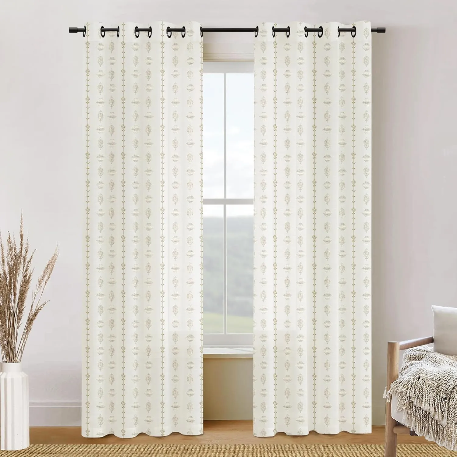 Beige Curtains for Living Room Bedroom,Sheer Patterned Linen Tan Floral Print Boho Black Grommet Farmhouse Window Curtain Sheers 84 Inches Length 2 Panels Set 7 Foot 7Ft Long