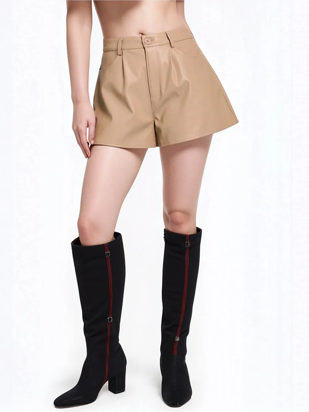 Beige Leather Shorts with Pockets