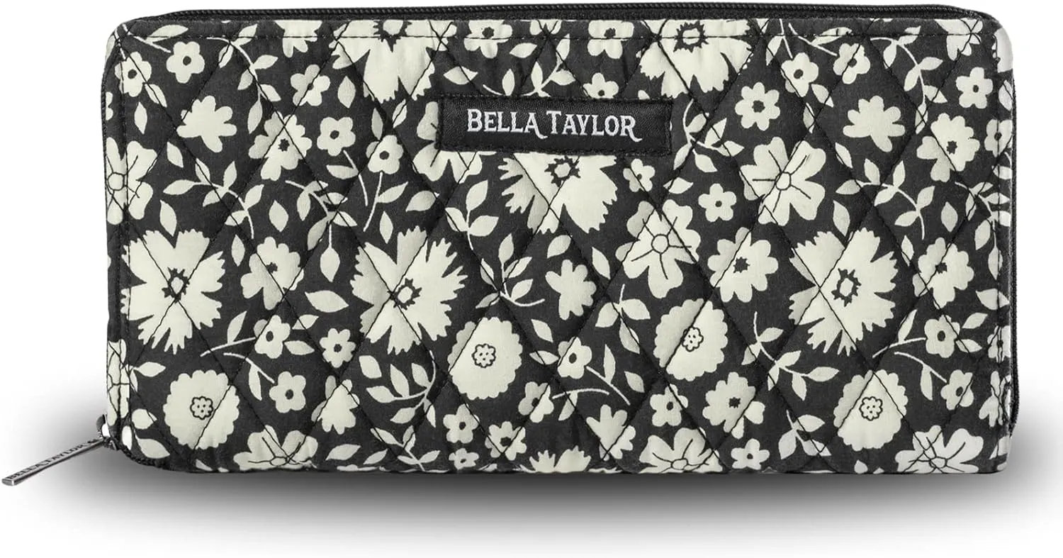 Bella Taylor Slim Card Wallet for Women | Quilted Cotton Fabric Zip Around Credit Card Wallet with RFID Protection | Bicolor Floral Black