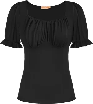 Belle Poque Women Vintage Ruched Tops Square Neck Puff Short Sleeve Cotton Shirt