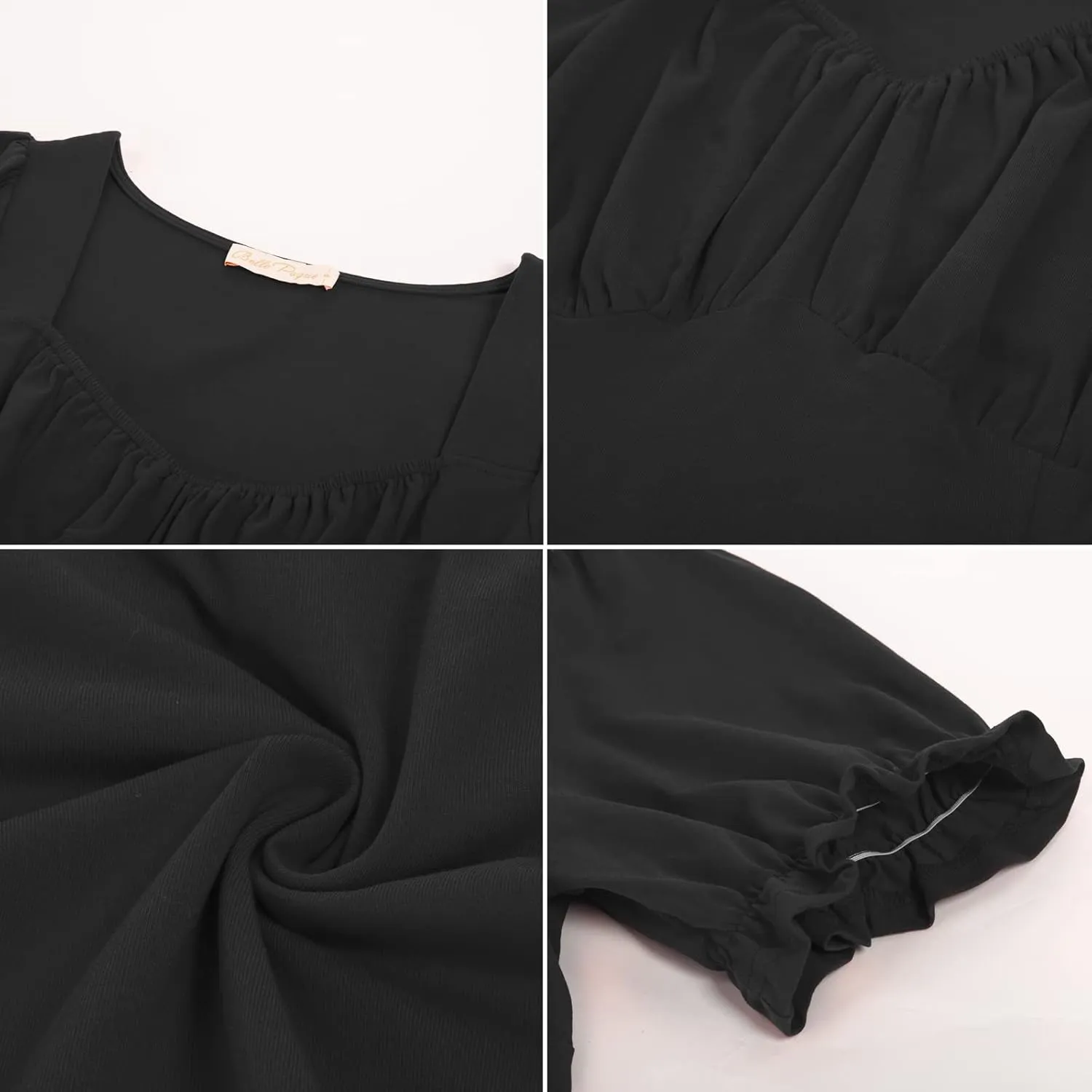 Belle Poque Women Vintage Ruched Tops Square Neck Puff Short Sleeve Cotton Shirt