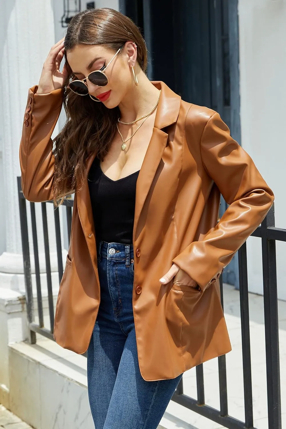 Bellivera Women Faux Leather Motorcycle Jacket Trendy Moto Biker Casual Spring Coat