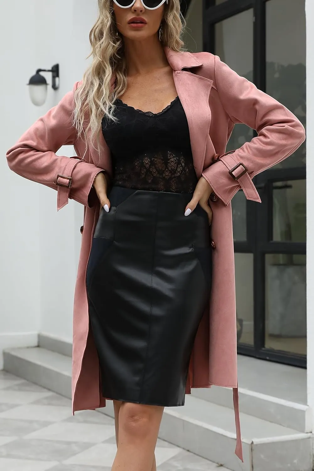 Bellivera Womens Faux Suede Leather Jacket Spring and Winter Fashion Long Trench Coat, Lightweight Windbreaker