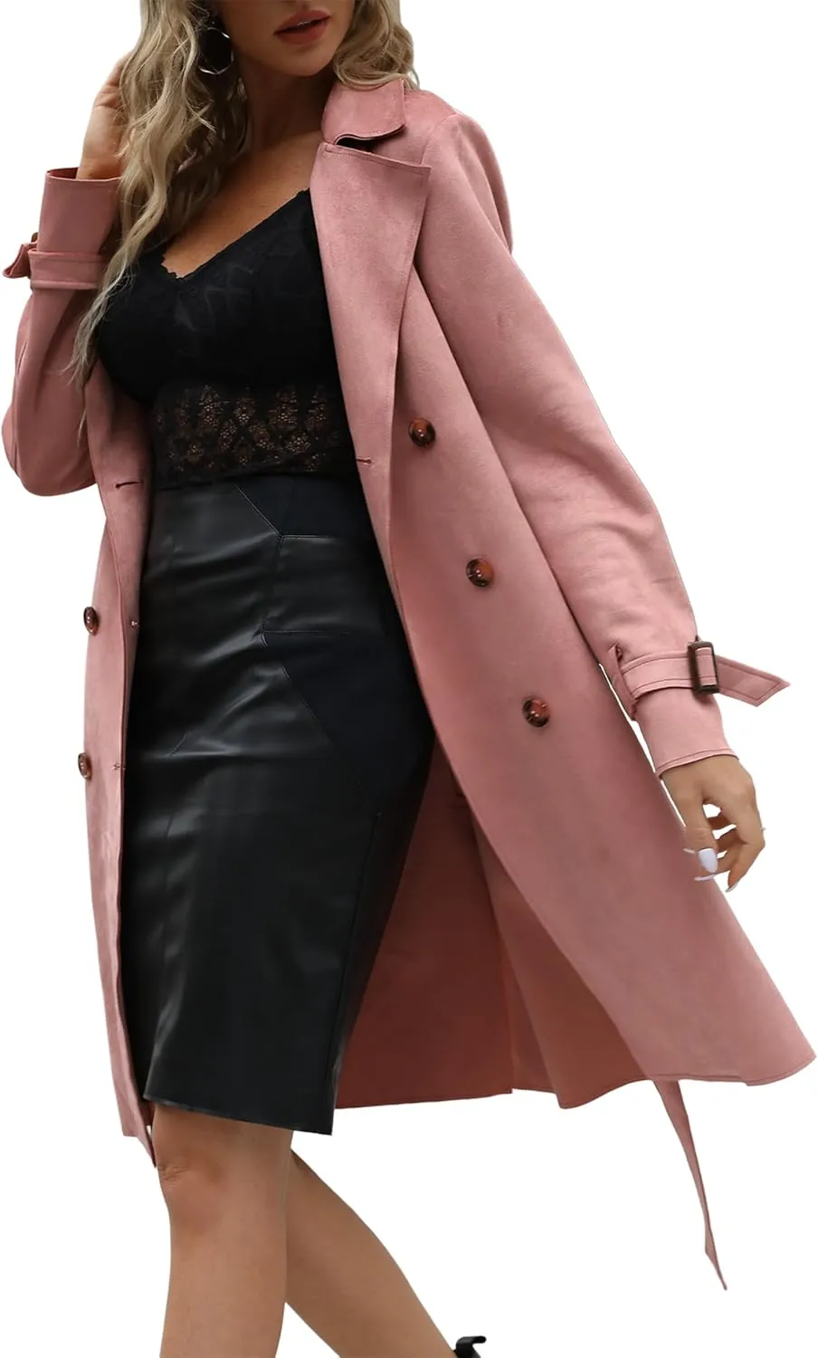 Bellivera Womens Faux Suede Leather Jacket Spring and Winter Fashion Long Trench Coat, Lightweight Windbreaker