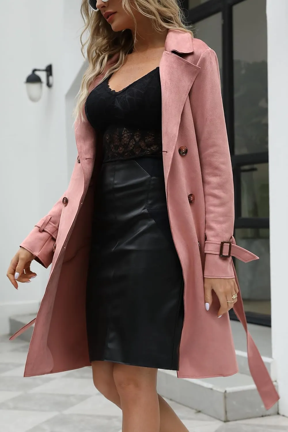 Bellivera Womens Faux Suede Leather Jacket Spring and Winter Fashion Long Trench Coat, Lightweight Windbreaker
