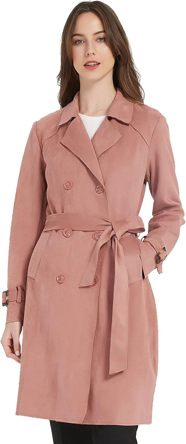 Bellivera Womens Faux Suede Leather Jacket Spring and Winter Fashion Long Trench Coat, Lightweight Windbreaker