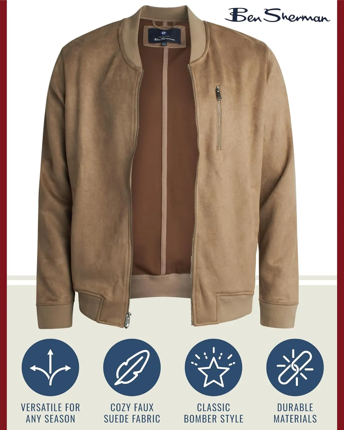 Ben Sherman Men's Bomber Jacket - Cozy Full Zip Up Faux Suede Bomber Jacket for Men - Casual Mens Suede Jacket (S-XL)