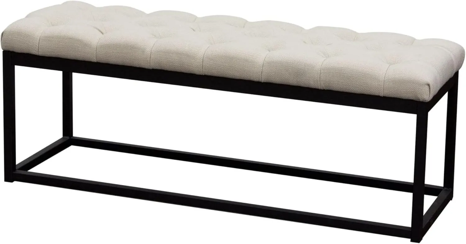Benzara BM190997 Linen Upholstered Metal Contemporary Bench with Diamond Tufted Details, Beige and Black