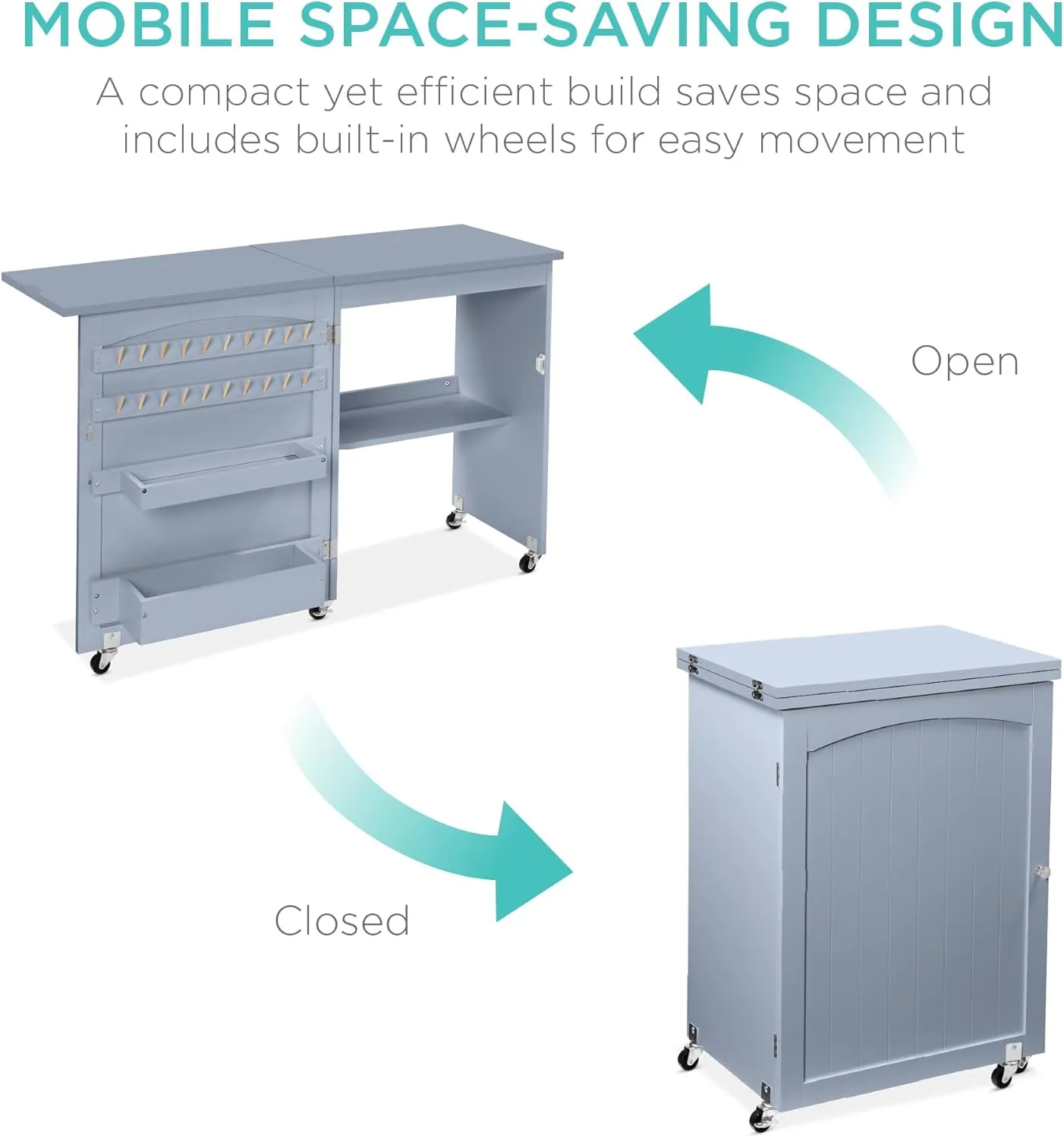 Best Choice Products Folding Sewing Table Multipurpose Craft Station & Side Desk with Compact Design, Wheels, Shelves, Storage Trays, Pegs, Magnetic Doors, Metal Doorknobs - Light Blue