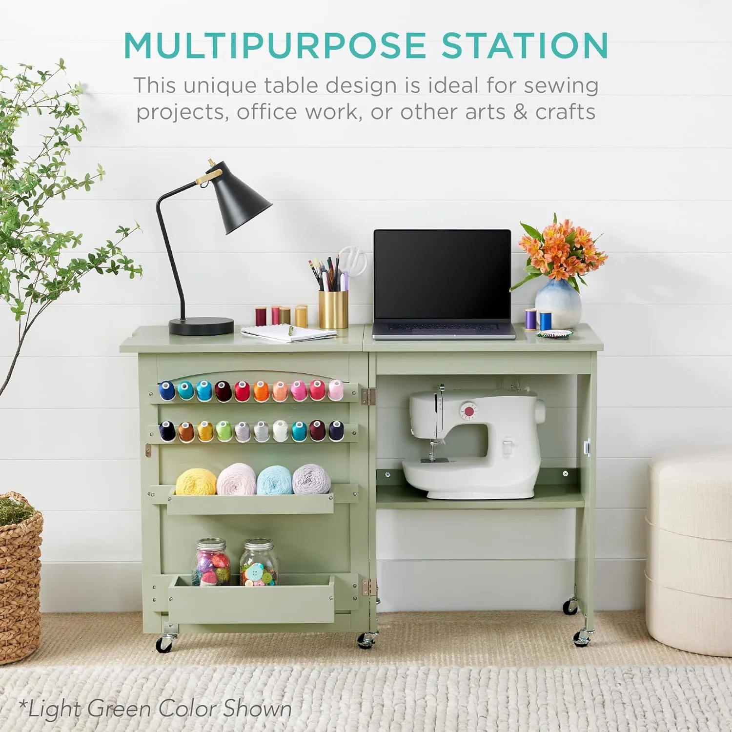 Best Choice Products Folding Sewing Table Multipurpose Craft Station & Side Desk with Compact Design, Wheels, Shelves, Storage Trays, Pegs, Magnetic Doors, Metal Doorknobs - Light Blue