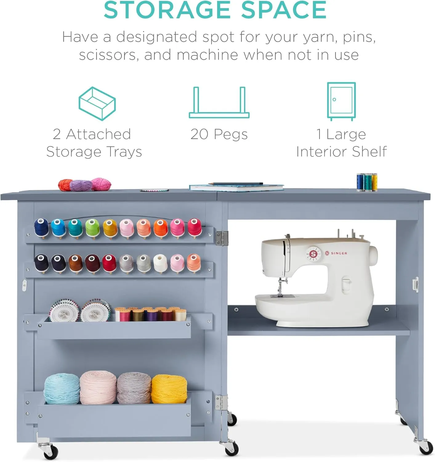 Best Choice Products Folding Sewing Table Multipurpose Craft Station & Side Desk with Compact Design, Wheels, Shelves, Storage Trays, Pegs, Magnetic Doors, Metal Doorknobs - Light Blue