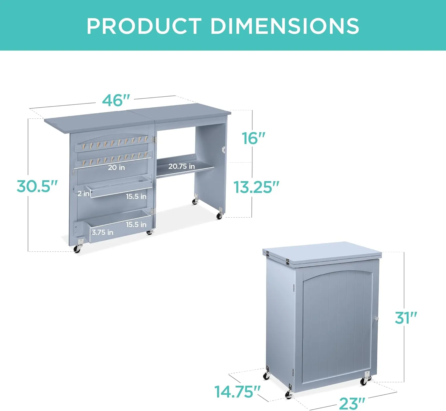 Best Choice Products Folding Sewing Table Multipurpose Craft Station & Side Desk with Compact Design, Wheels, Shelves, Storage Trays, Pegs, Magnetic Doors, Metal Doorknobs - Light Blue