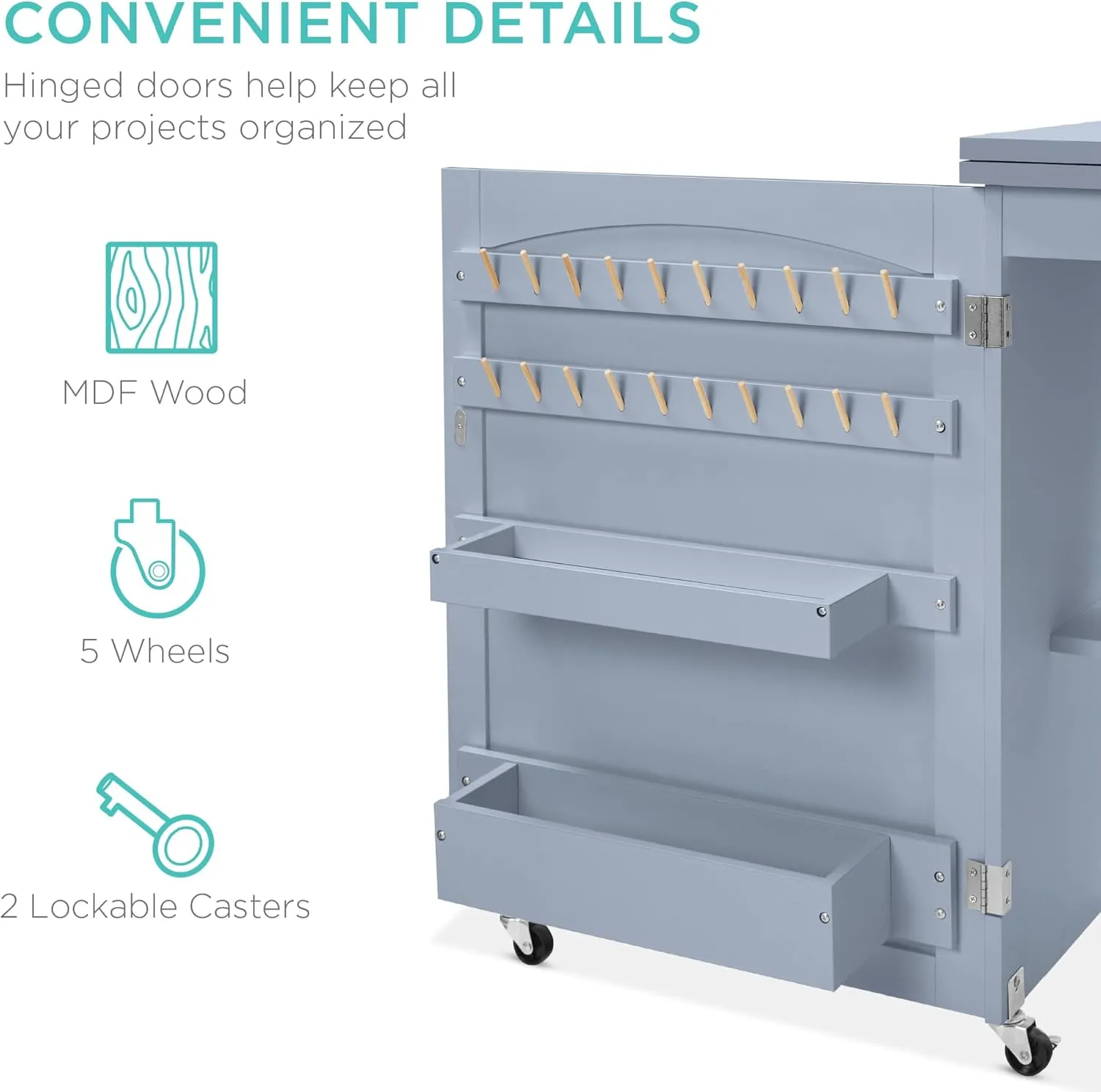 Best Choice Products Folding Sewing Table Multipurpose Craft Station & Side Desk with Compact Design, Wheels, Shelves, Storage Trays, Pegs, Magnetic Doors, Metal Doorknobs - Light Blue
