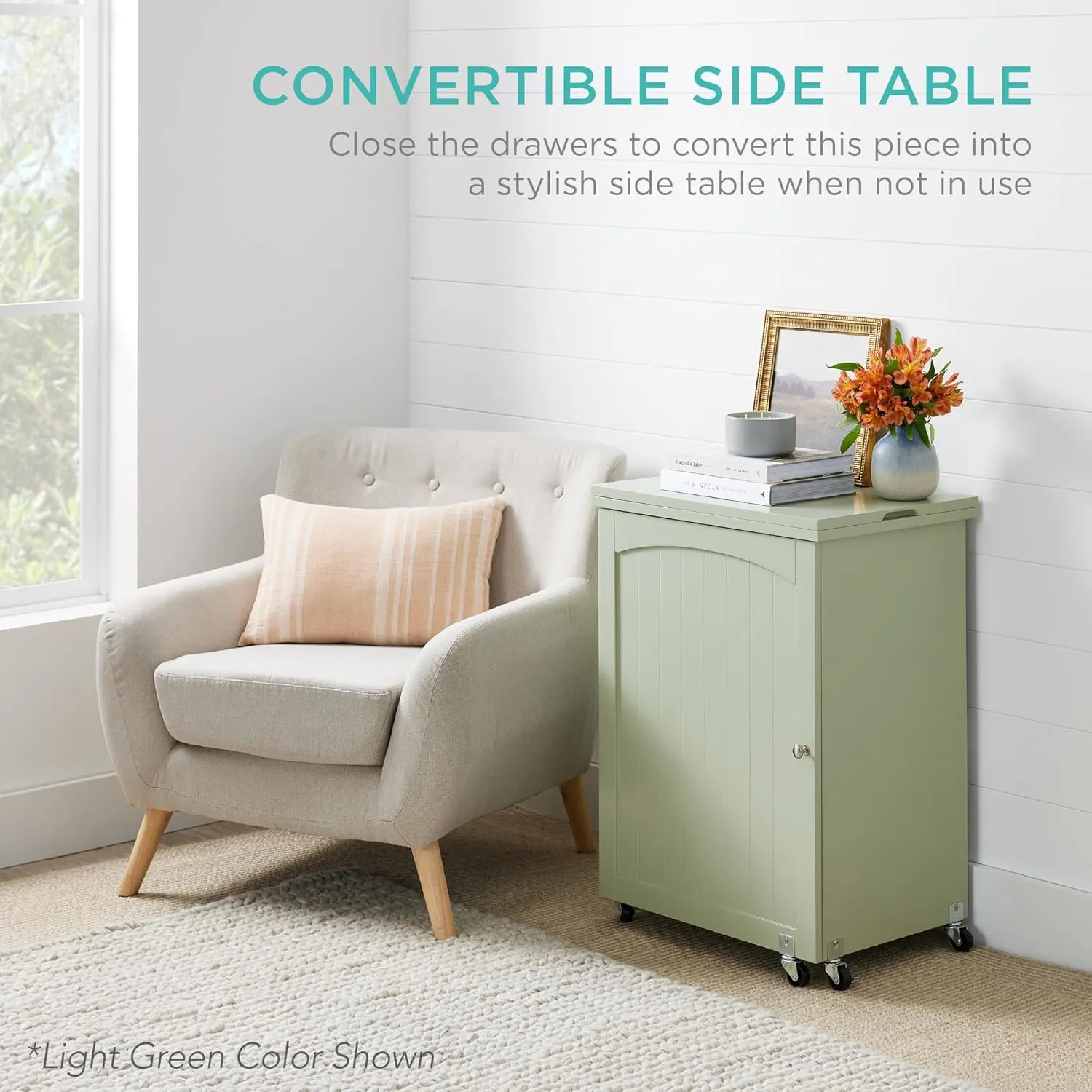 Best Choice Products Folding Sewing Table Multipurpose Craft Station & Side Desk with Compact Design, Wheels, Shelves, Storage Trays, Pegs, Magnetic Doors, Metal Doorknobs - Light Blue