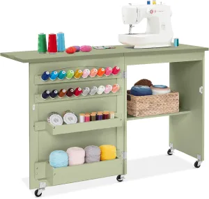 Best Choice Products Folding Sewing Table Multipurpose Craft Station & Side Desk with Compact Design, Wheels, Shelves, Storage Trays, Pegs, Magnetic Doors, Metal Doorknobs - Light Green