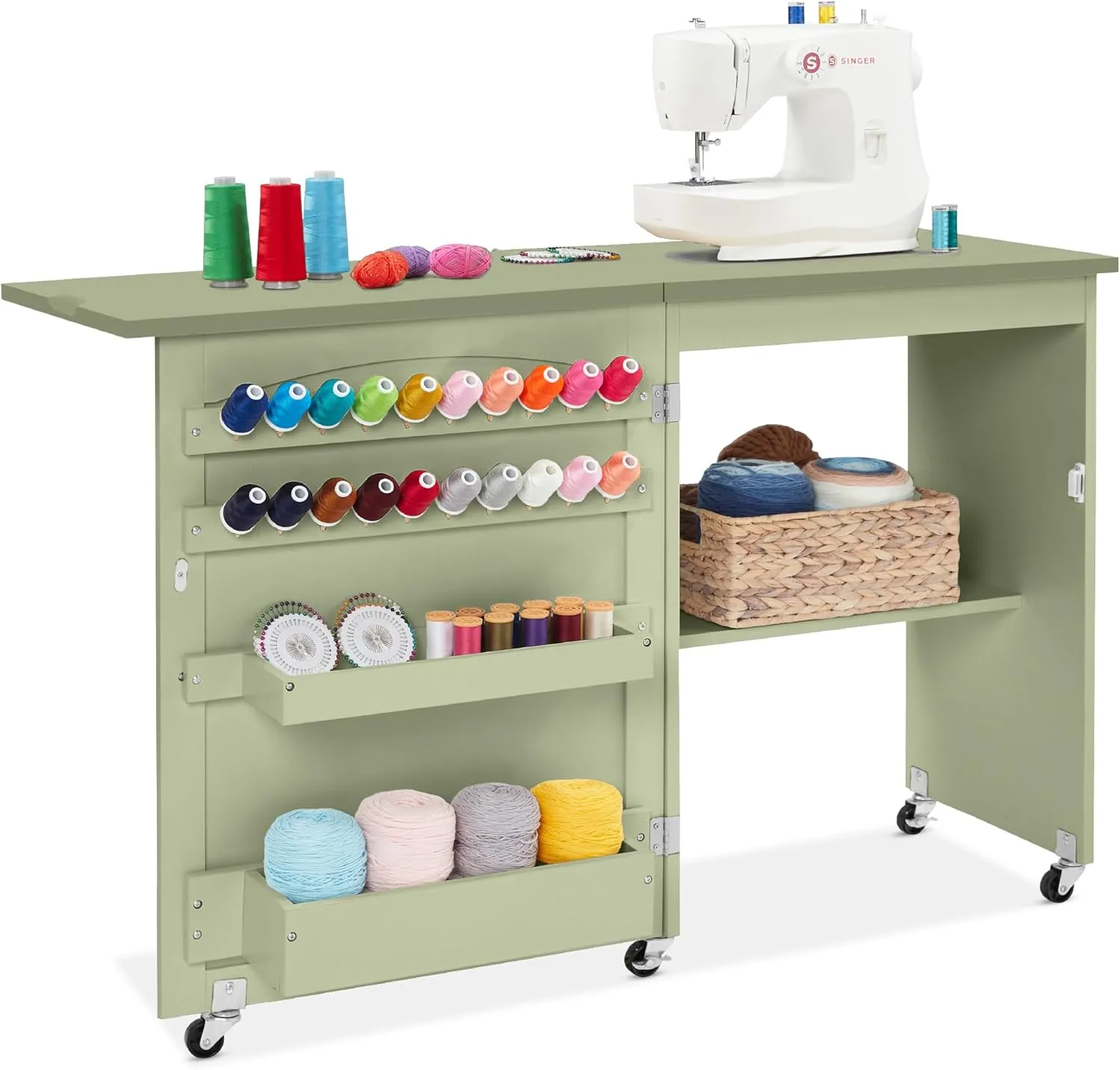 Best Choice Products Folding Sewing Table Multipurpose Craft Station & Side Desk with Compact Design, Wheels, Shelves, Storage Trays, Pegs, Magnetic Doors, Metal Doorknobs - Light Green