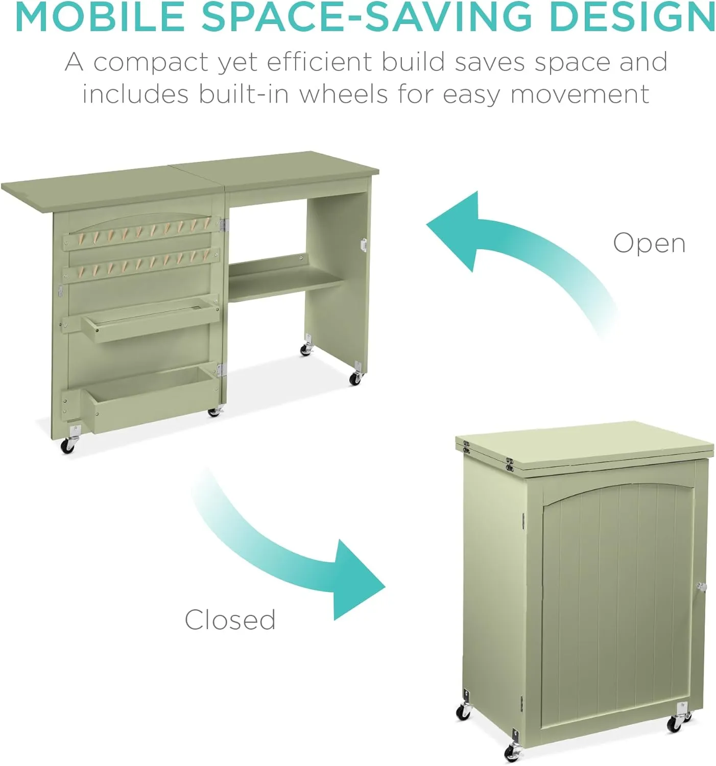 Best Choice Products Folding Sewing Table Multipurpose Craft Station & Side Desk with Compact Design, Wheels, Shelves, Storage Trays, Pegs, Magnetic Doors, Metal Doorknobs - Light Green