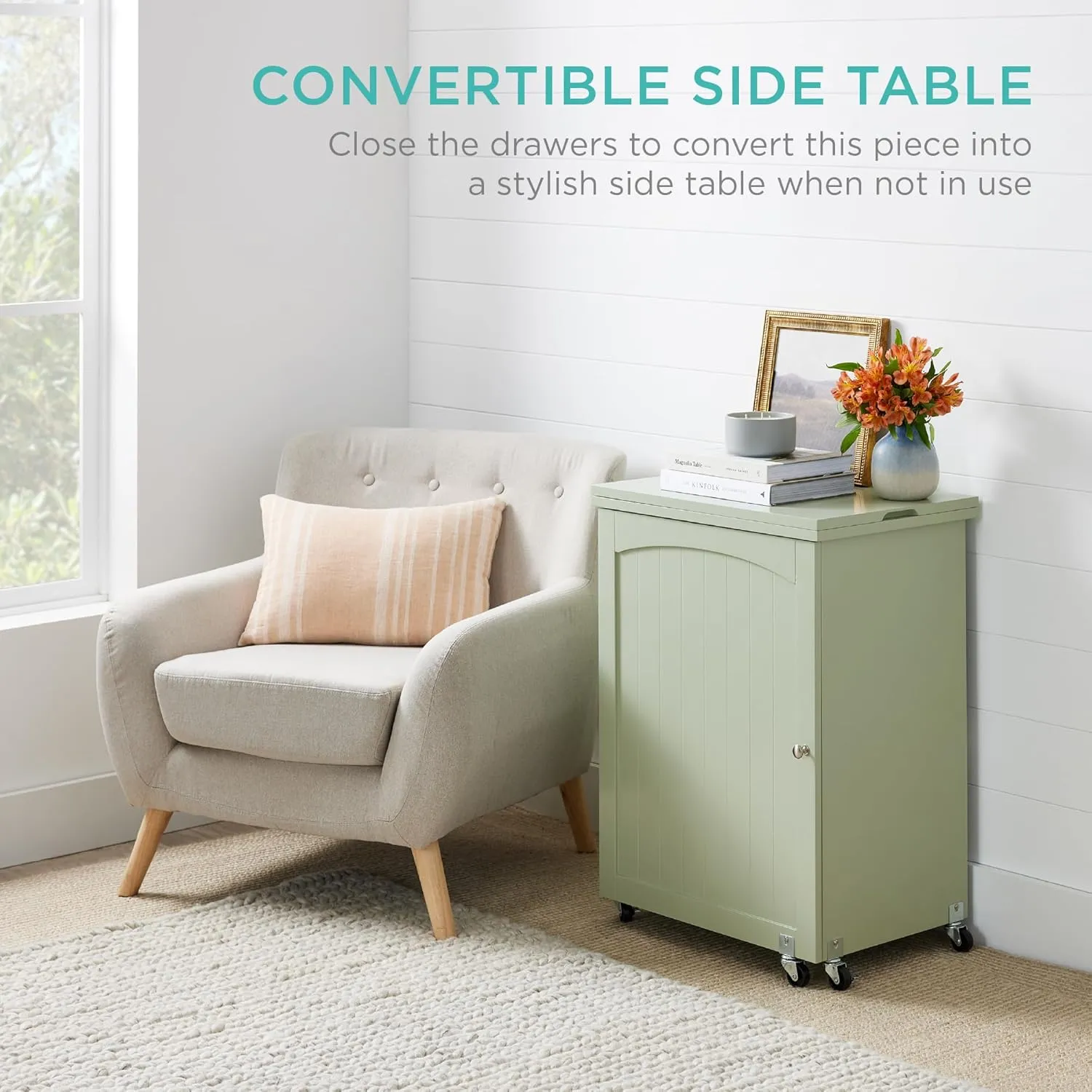 Best Choice Products Folding Sewing Table Multipurpose Craft Station & Side Desk with Compact Design, Wheels, Shelves, Storage Trays, Pegs, Magnetic Doors, Metal Doorknobs - Light Green
