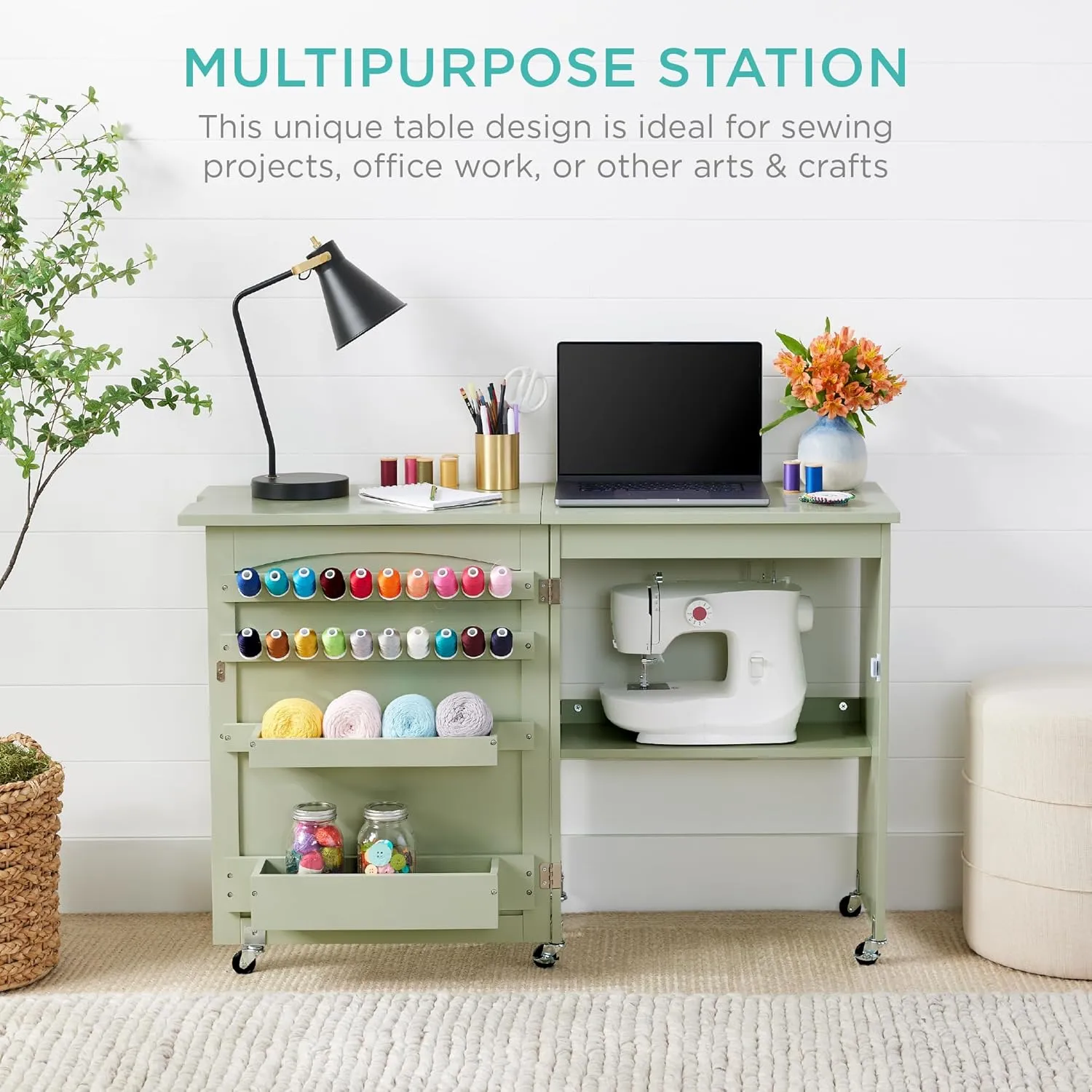 Best Choice Products Folding Sewing Table Multipurpose Craft Station & Side Desk with Compact Design, Wheels, Shelves, Storage Trays, Pegs, Magnetic Doors, Metal Doorknobs - Light Green
