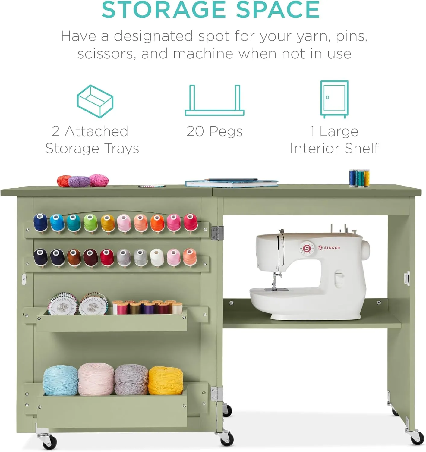 Best Choice Products Folding Sewing Table Multipurpose Craft Station & Side Desk with Compact Design, Wheels, Shelves, Storage Trays, Pegs, Magnetic Doors, Metal Doorknobs - Light Green
