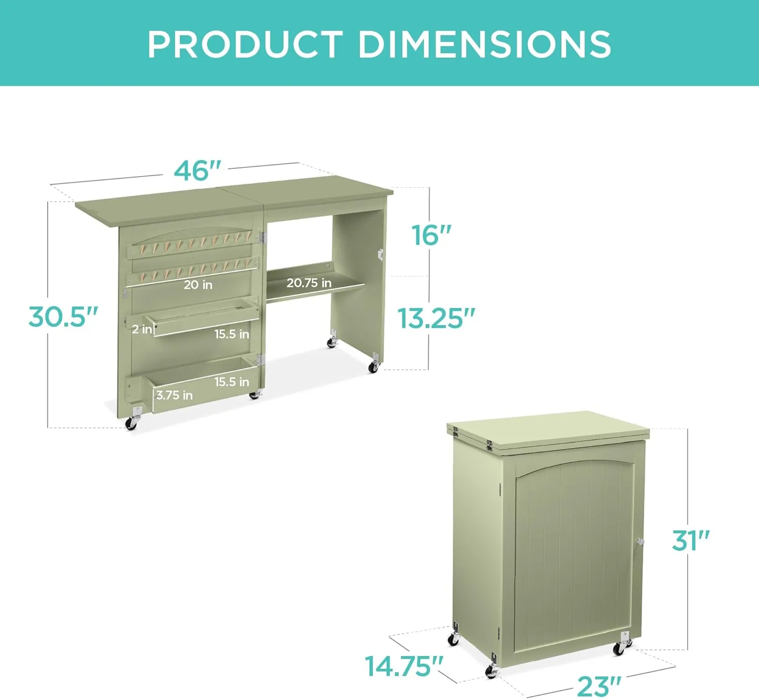 Best Choice Products Folding Sewing Table Multipurpose Craft Station & Side Desk with Compact Design, Wheels, Shelves, Storage Trays, Pegs, Magnetic Doors, Metal Doorknobs - Light Green