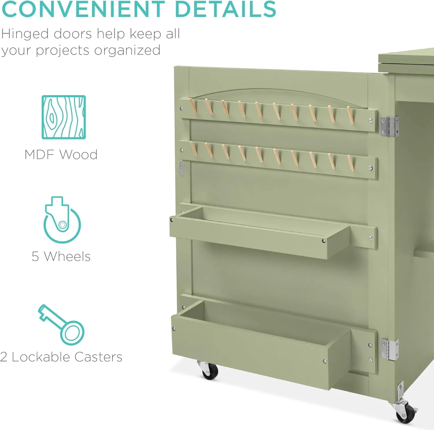 Best Choice Products Folding Sewing Table Multipurpose Craft Station & Side Desk with Compact Design, Wheels, Shelves, Storage Trays, Pegs, Magnetic Doors, Metal Doorknobs - Light Green