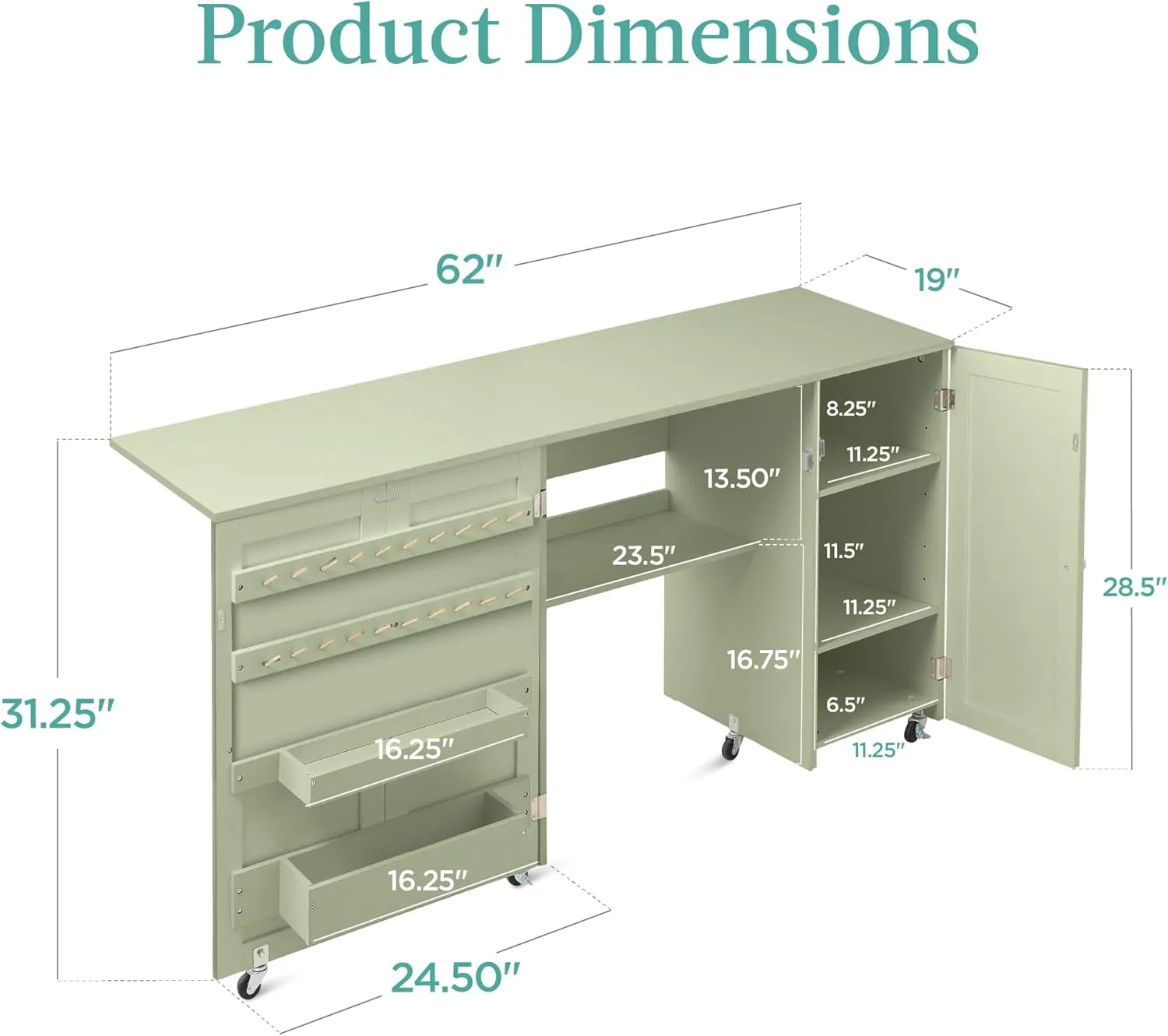 Best Choice Products Large Folding Sewing Table, Multipurpose Portable Craft Station & Side Desk w/Compact Design, Caster Wheels, Storage Shelves, 2 Storage Trays, Magnetic Doors - Light Green