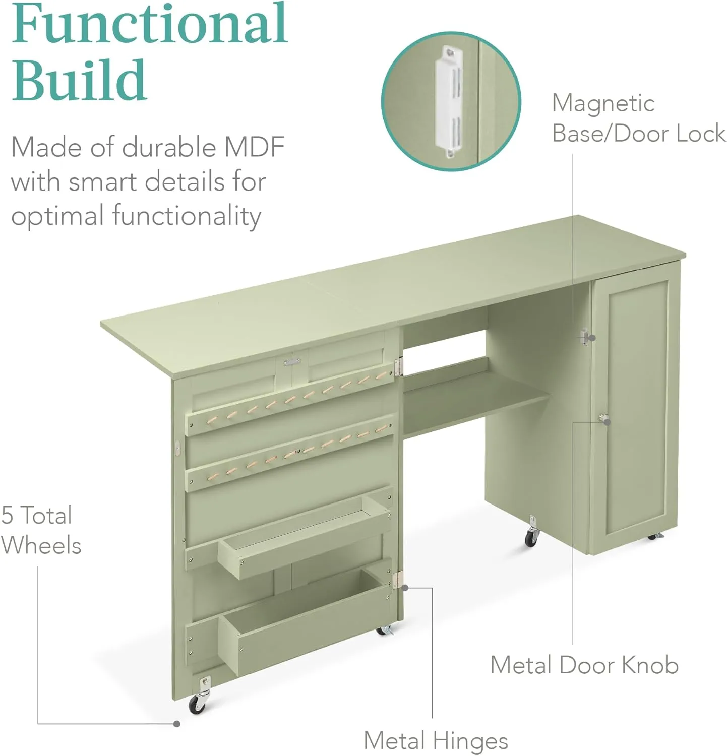Best Choice Products Large Folding Sewing Table, Multipurpose Portable Craft Station & Side Desk w/Compact Design, Caster Wheels, Storage Shelves, 2 Storage Trays, Magnetic Doors - Light Green
