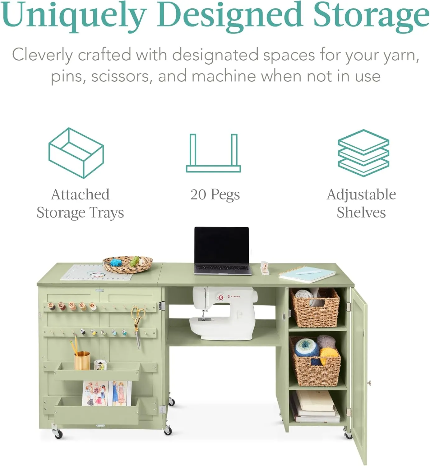 Best Choice Products Large Folding Sewing Table, Multipurpose Portable Craft Station & Side Desk w/Compact Design, Caster Wheels, Storage Shelves, 2 Storage Trays, Magnetic Doors - Light Green