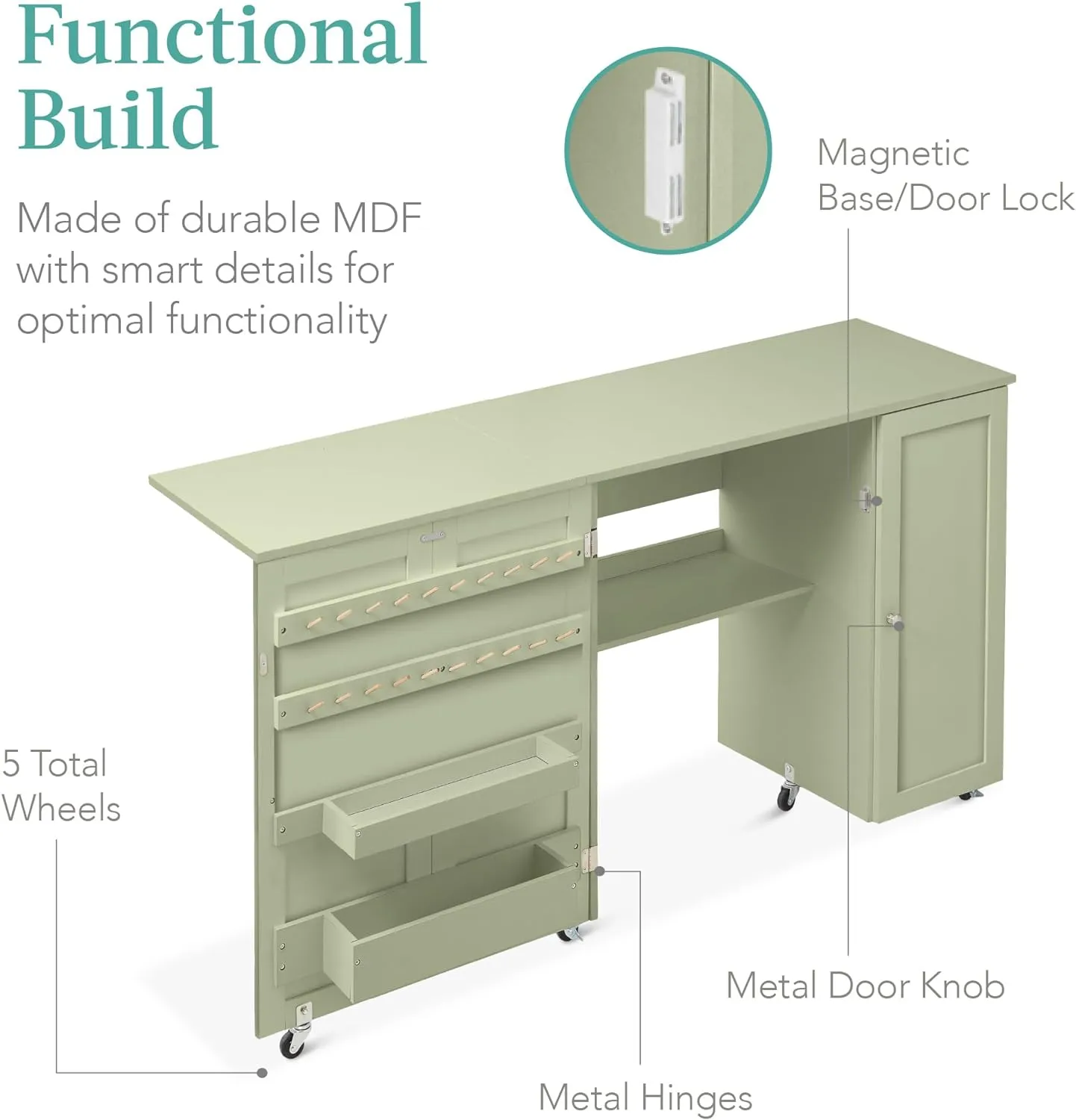 Best Choice Products Large Folding Sewing Table, Multipurpose Portable Craft Station & Side Desk w/Compact Design, Caster Wheels, Storage Shelves, 2 Storage Trays, Magnetic Doors - Light Green