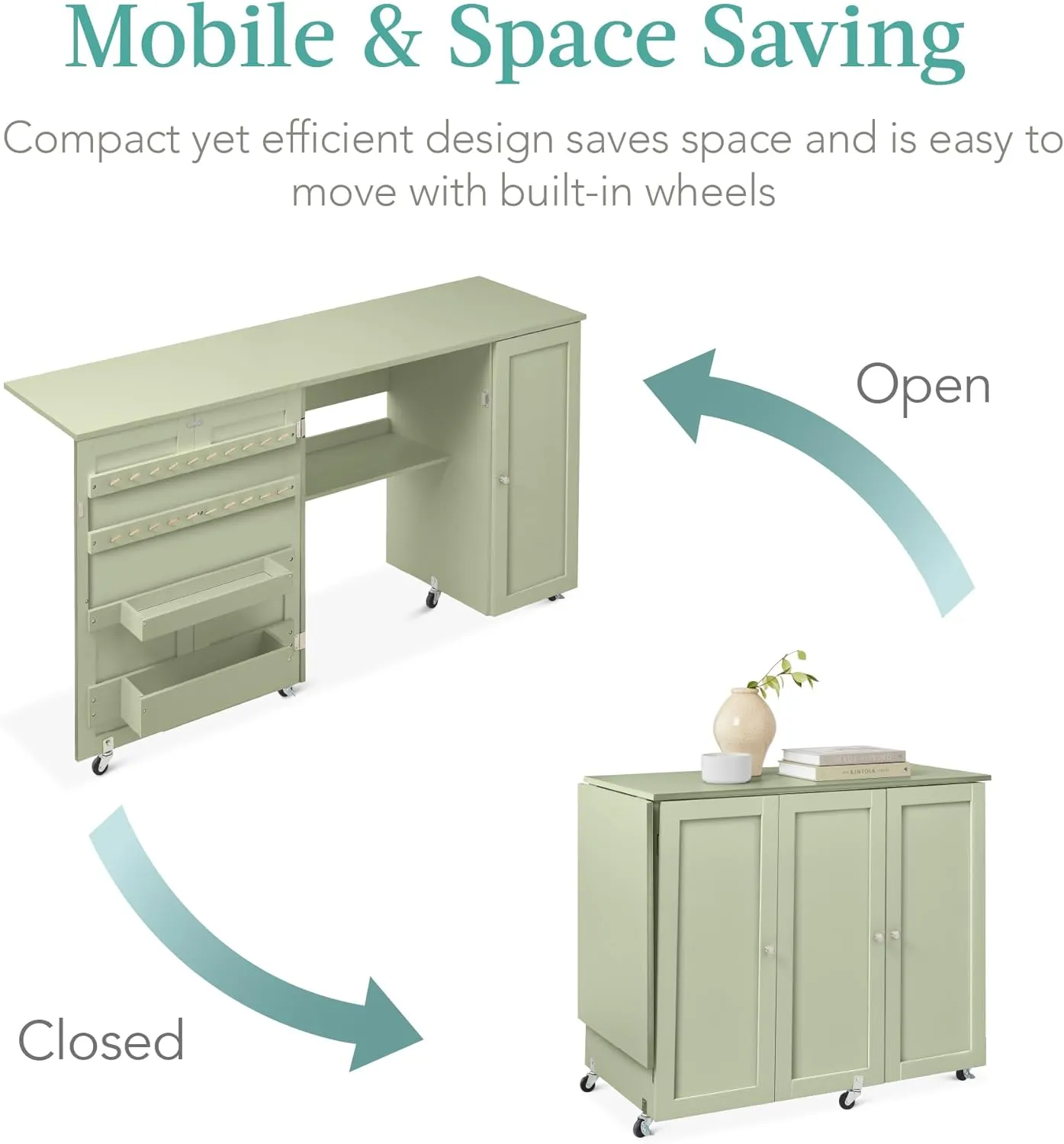 Best Choice Products Large Folding Sewing Table, Multipurpose Portable Craft Station & Side Desk w/Compact Design, Caster Wheels, Storage Shelves, 2 Storage Trays, Magnetic Doors - Light Green