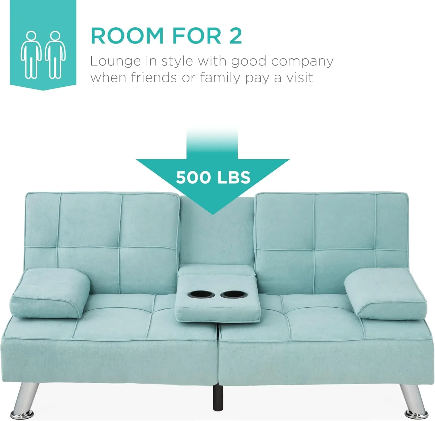 Best Choice Products Linen Modern Folding Futon, Reclining Sofa Bed for Apartment, Dorm w/Removable Armrests, 2 Cupholders - Aqua