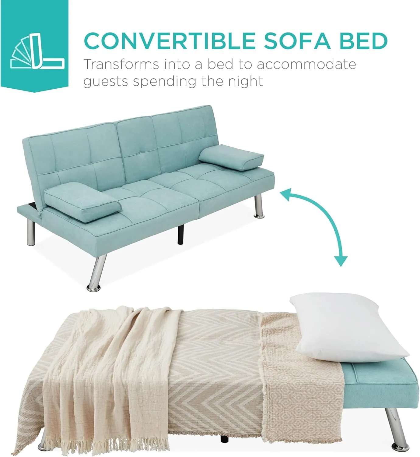 Best Choice Products Linen Modern Folding Futon, Reclining Sofa Bed for Apartment, Dorm w/Removable Armrests, 2 Cupholders - Aqua