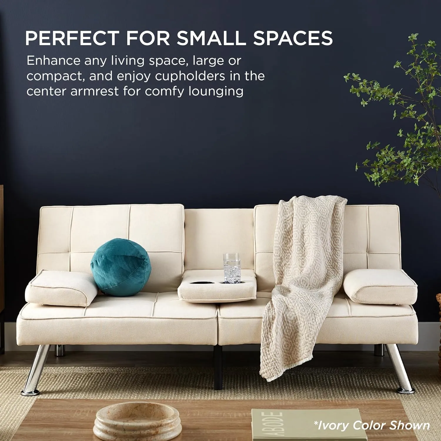 Best Choice Products Linen Modern Folding Futon, Reclining Sofa Bed for Apartment, Dorm w/Removable Armrests, 2 Cupholders - Aqua