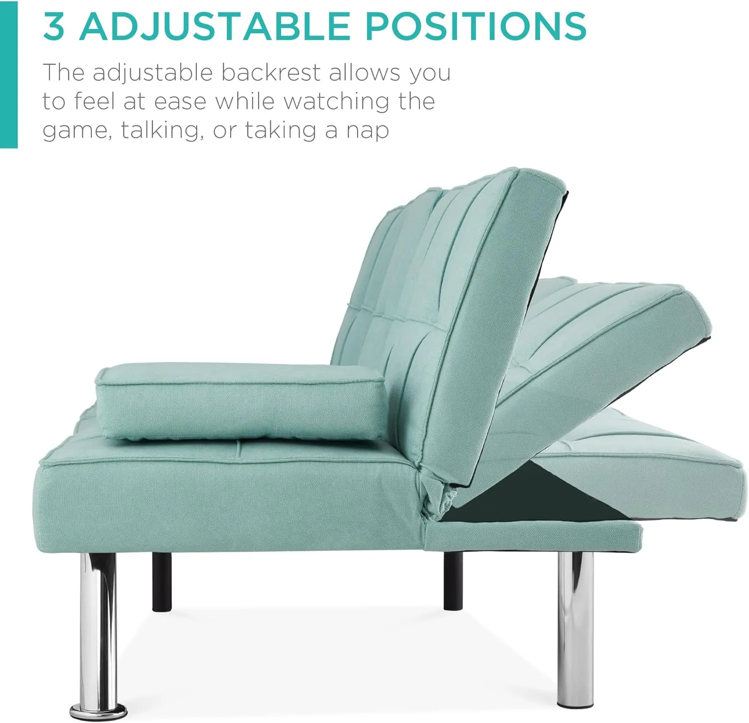 Best Choice Products Linen Modern Folding Futon, Reclining Sofa Bed for Apartment, Dorm w/Removable Armrests, 2 Cupholders - Aqua