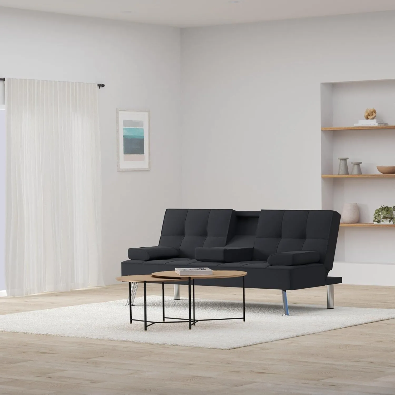 Best Choice Products Linen Modern Folding Futon, Reclining Sofa Bed for Apartment, Dorm w/Removable Armrests, 2 Cupholders - Black