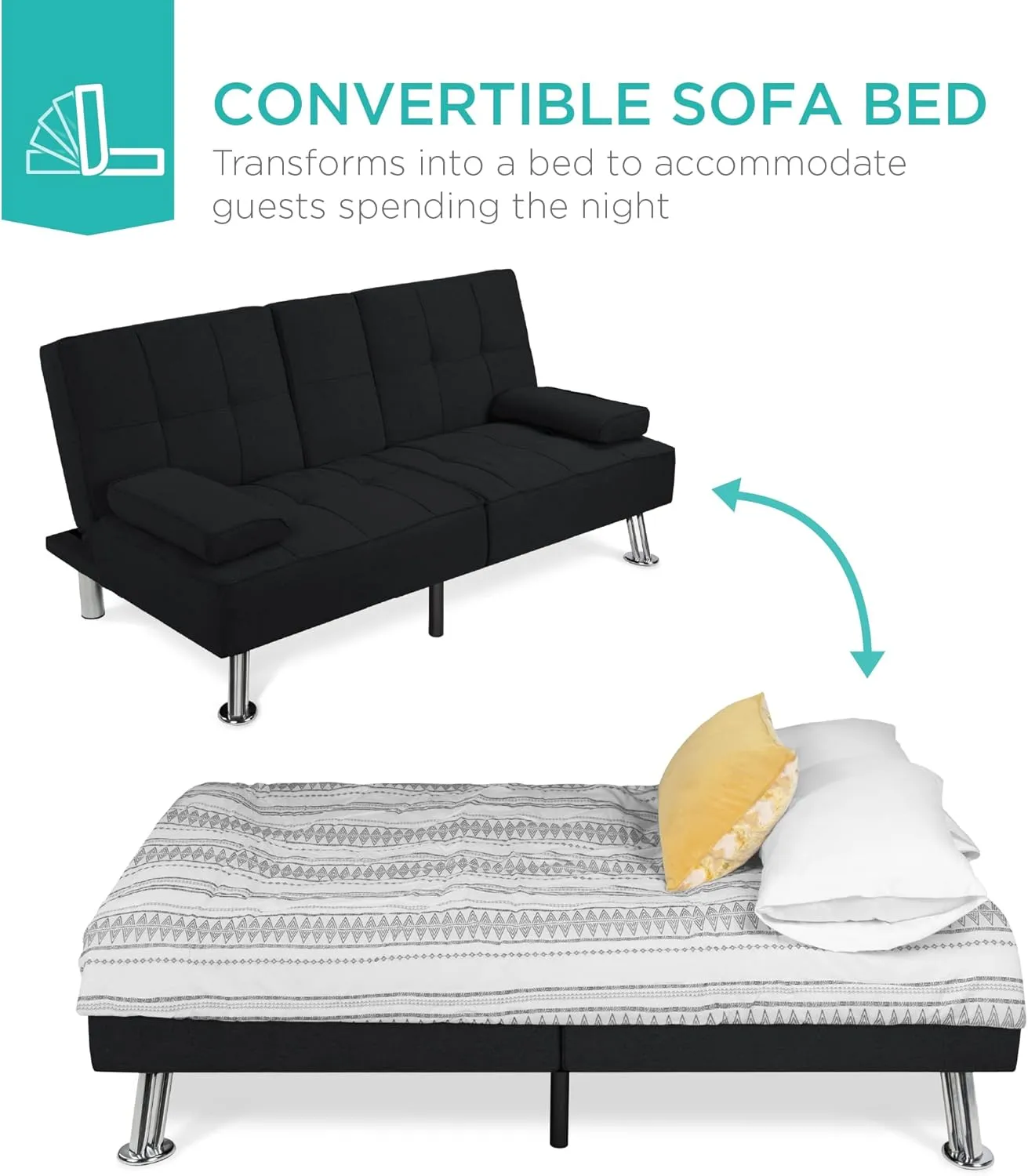Best Choice Products Linen Modern Folding Futon, Reclining Sofa Bed for Apartment, Dorm w/Removable Armrests, 2 Cupholders - Black