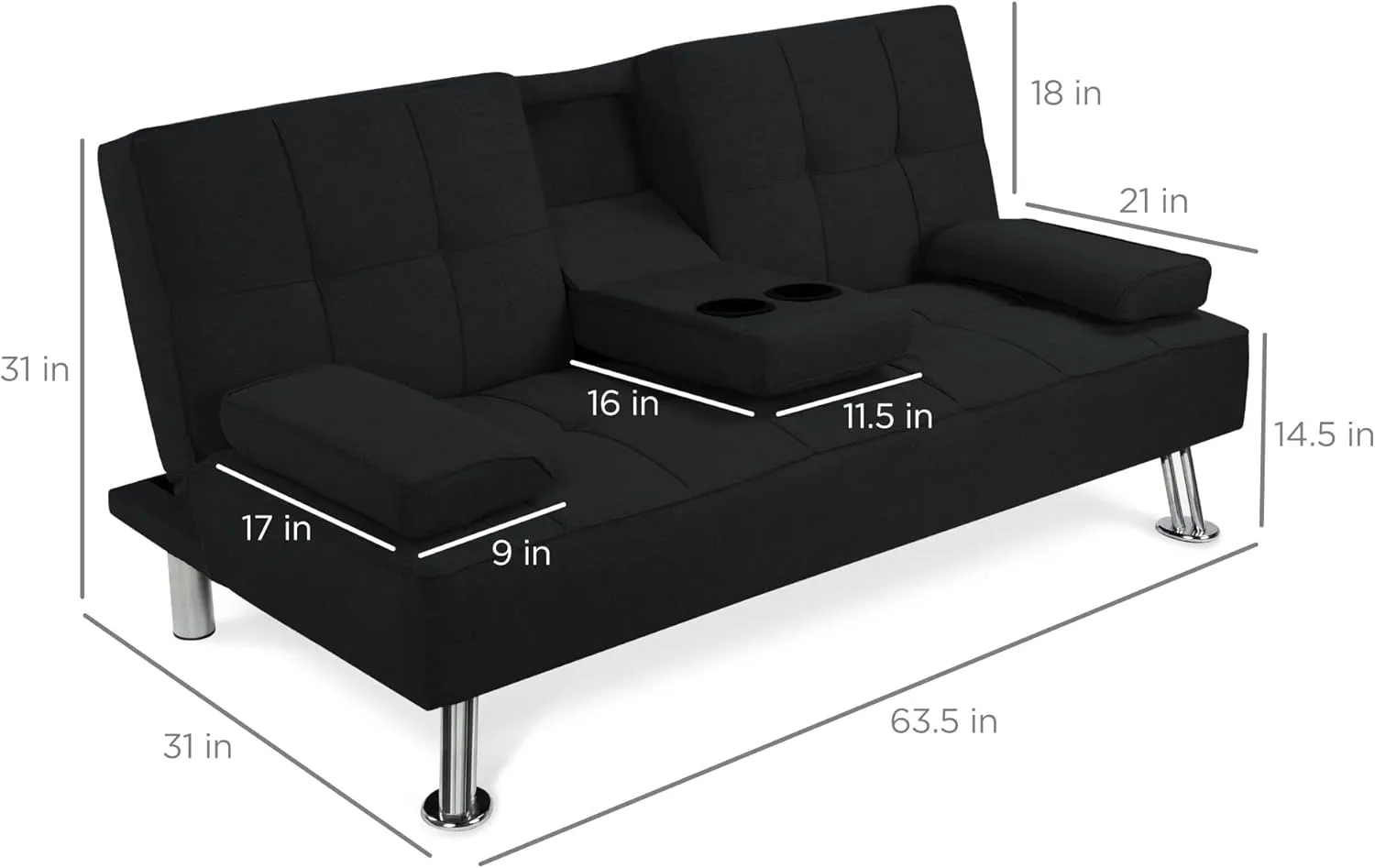 Best Choice Products Linen Modern Folding Futon, Reclining Sofa Bed for Apartment, Dorm w/Removable Armrests, 2 Cupholders - Black