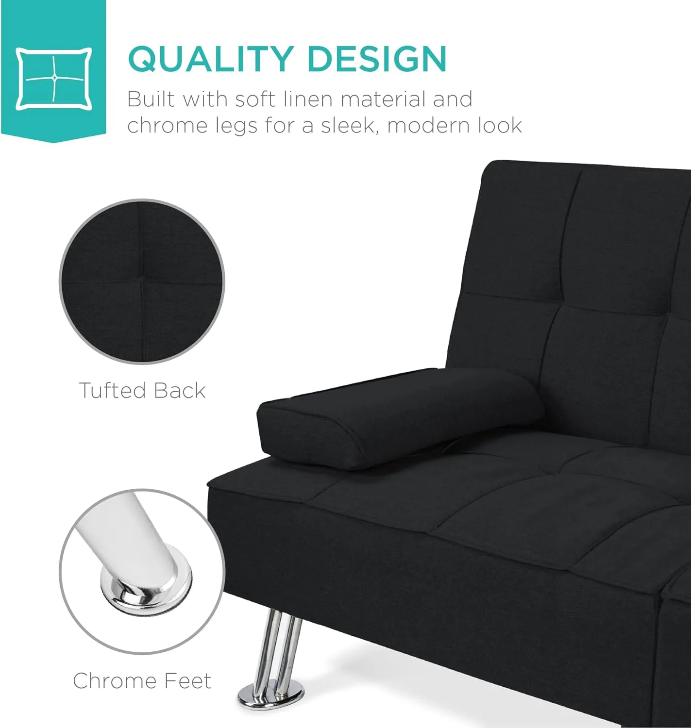 Best Choice Products Linen Modern Folding Futon, Reclining Sofa Bed for Apartment, Dorm w/Removable Armrests, 2 Cupholders - Black