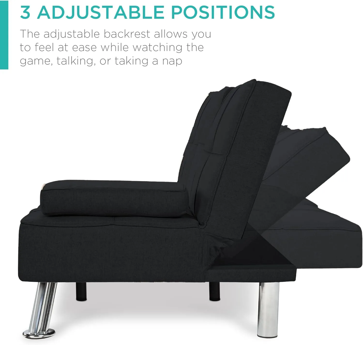 Best Choice Products Linen Modern Folding Futon, Reclining Sofa Bed for Apartment, Dorm w/Removable Armrests, 2 Cupholders - Black