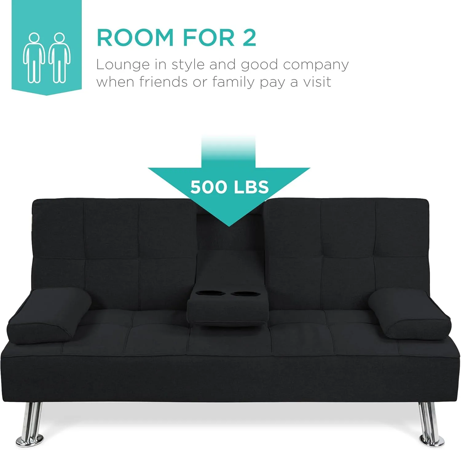 Best Choice Products Linen Modern Folding Futon, Reclining Sofa Bed for Apartment, Dorm w/Removable Armrests, 2 Cupholders - Black