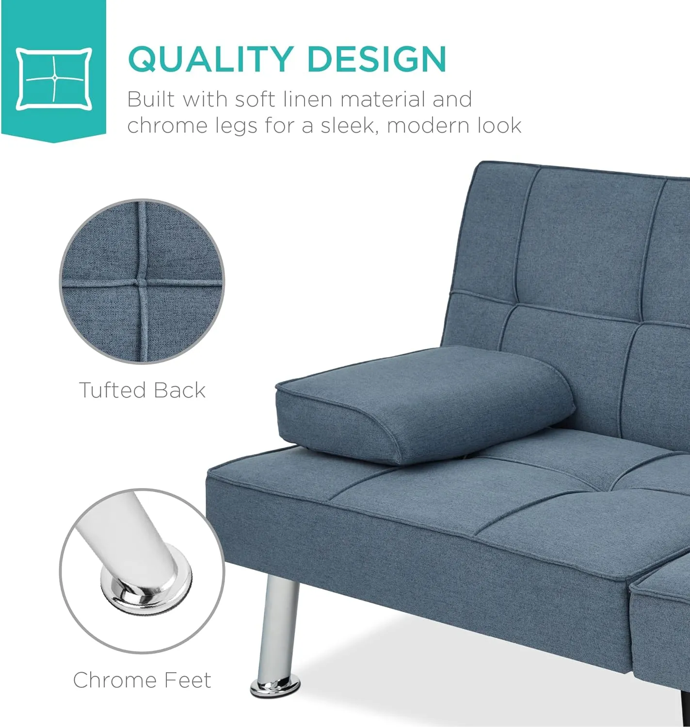 Best Choice Products Linen Modern Folding Futon, Reclining Sofa Bed for Apartment, Dorm w/Removable Armrests, 2 Cupholders - Blue