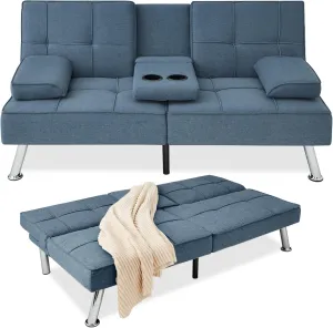Best Choice Products Linen Modern Folding Futon, Reclining Sofa Bed for Apartment, Dorm w/Removable Armrests, 2 Cupholders - Blue