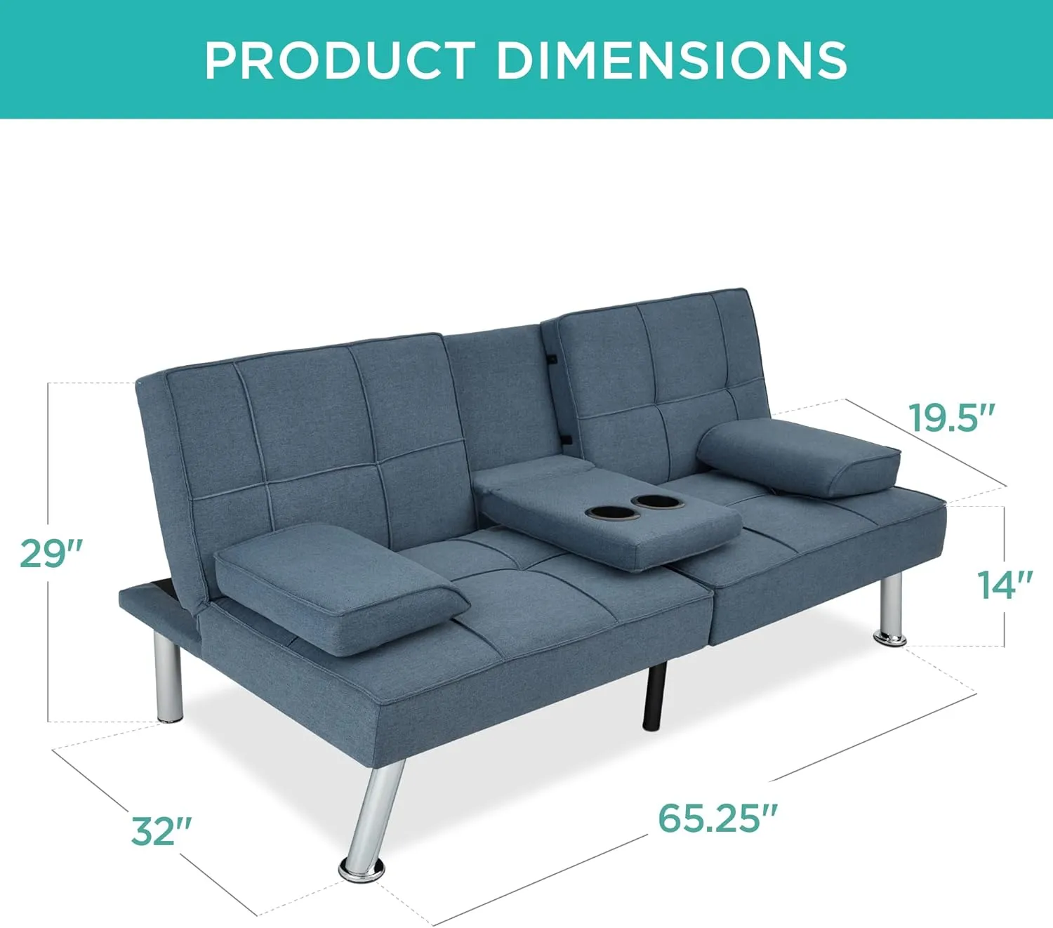 Best Choice Products Linen Modern Folding Futon, Reclining Sofa Bed for Apartment, Dorm w/Removable Armrests, 2 Cupholders - Blue