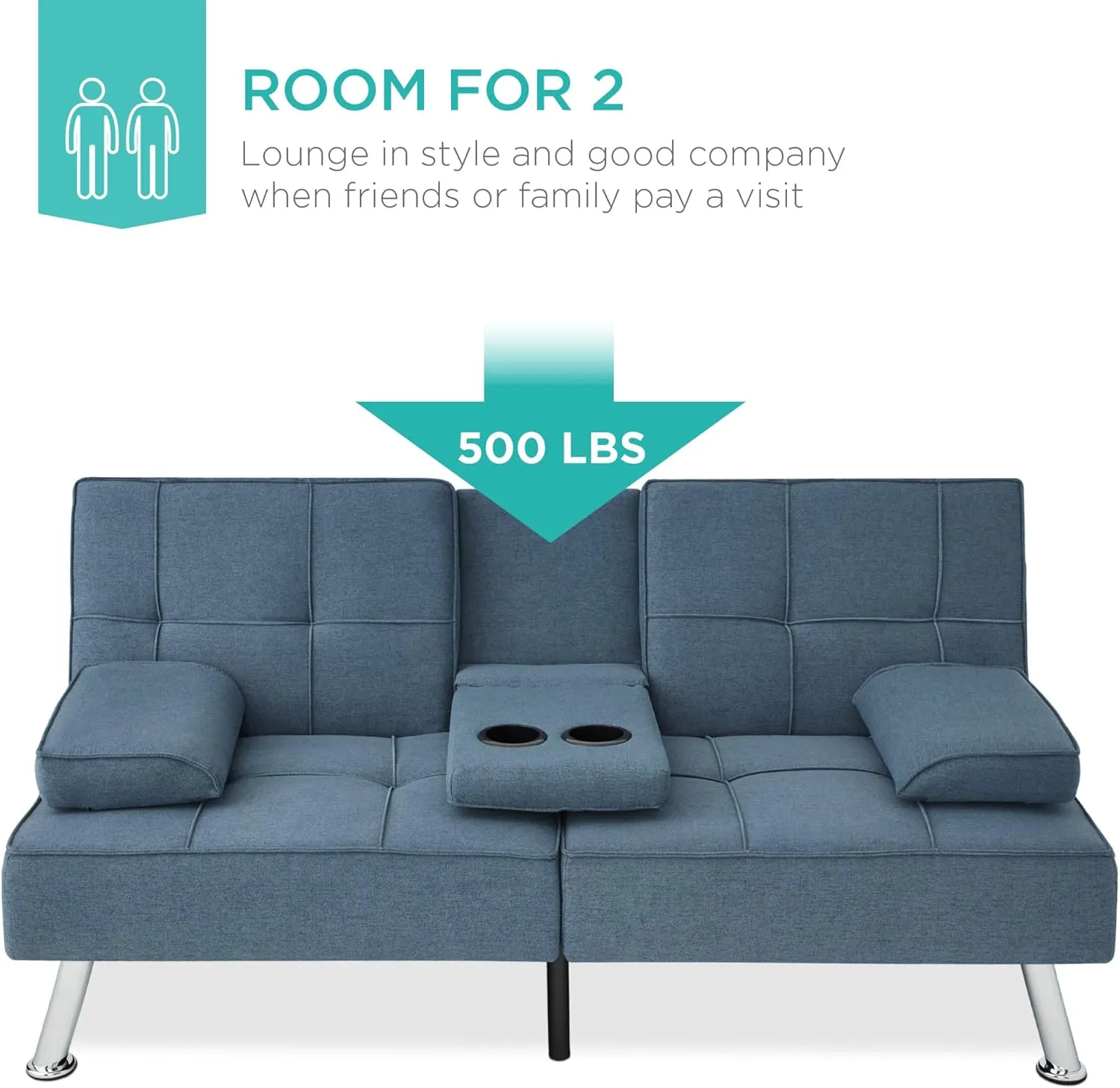 Best Choice Products Linen Modern Folding Futon, Reclining Sofa Bed for Apartment, Dorm w/Removable Armrests, 2 Cupholders - Blue