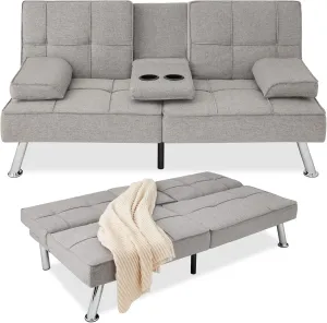 Best Choice Products Linen Modern Folding Futon, Reclining Sofa Bed for Apartment, Dorm w/Removable Armrests, 2 Cupholders - Light Gray