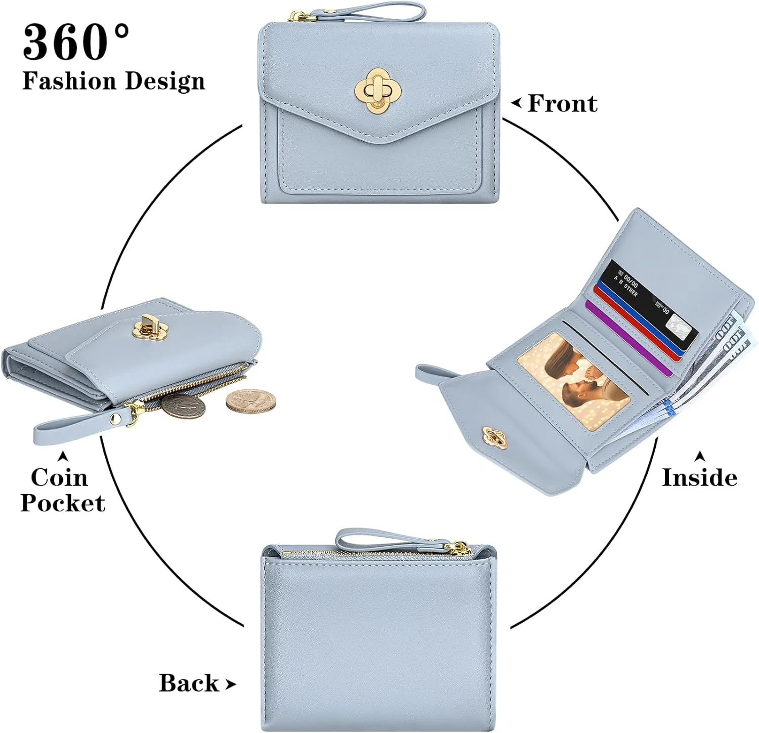 BIAOTIE Small Wallet for Women Leather Bifold Pocket Wallet RFID Blocking Credit Card Holder Cute Purse with Zipper Coin Pocket (Blue)