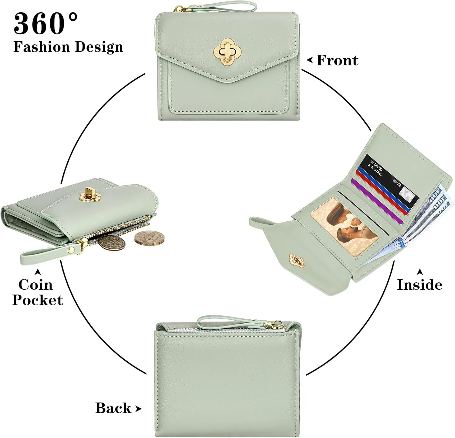 BIAOTIE Small Wallet for Women Leather Bifold Pocket Wallet RFID Blocking Credit Card Holder Cute Purse with Zipper Coin Pocket (Green)